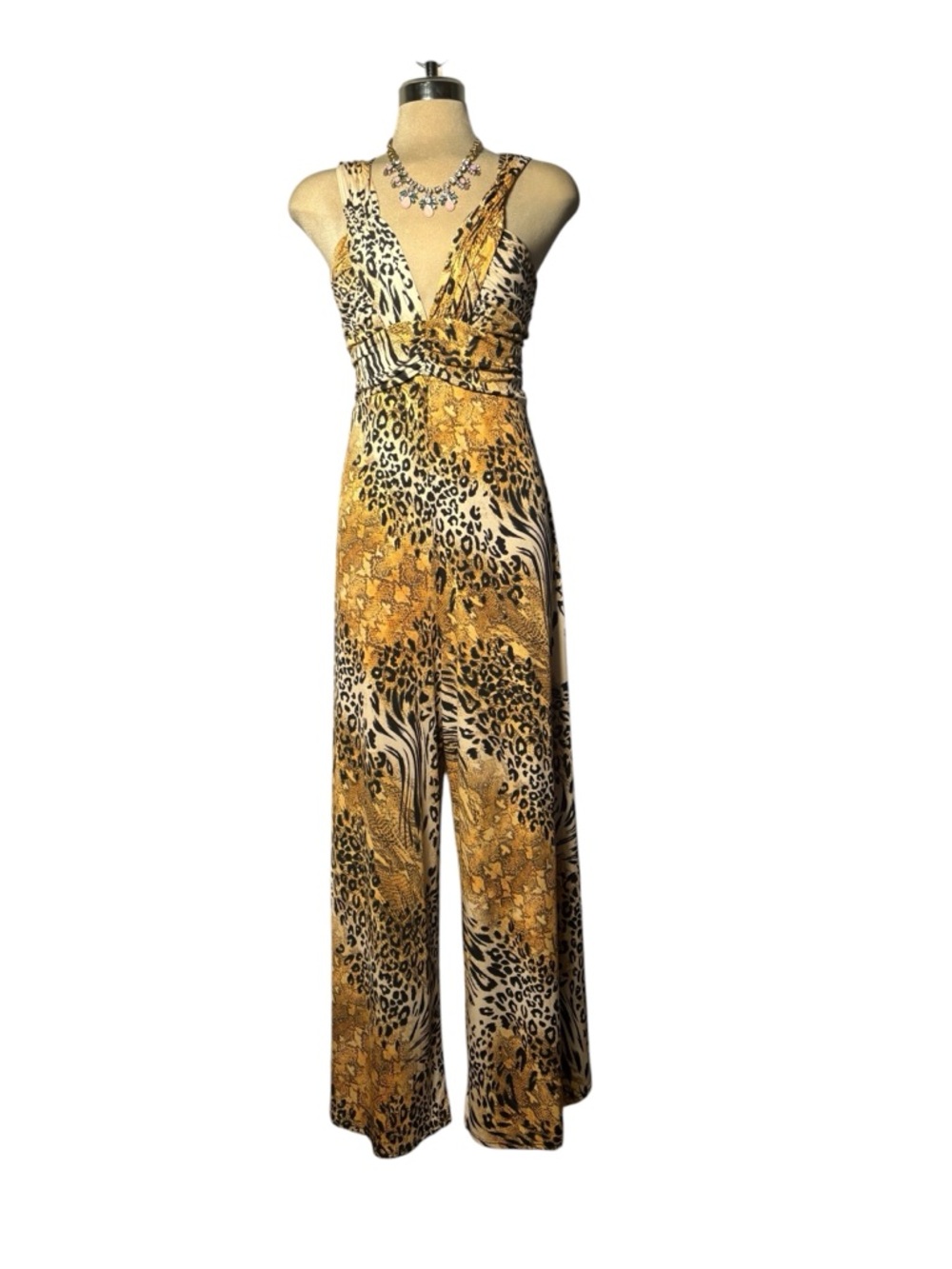 S-Twelve Gold and Black Animal Print Surplice Jumpsuit